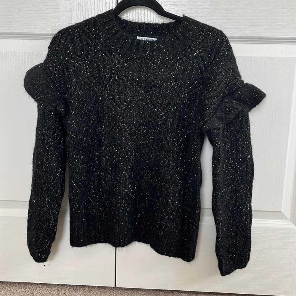 Knitted Black sweater with sliver specks and small ruffles on sleeves. New!